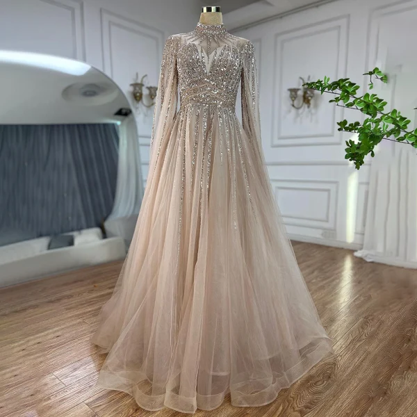 High End Elegante Lindgrün Handgefertigt Perlenstickerei Pailletten Ballkleider 2024 A Linie Stehkragen Lange Ärmel Sweep / Pinsel Zug Ball Festliche Kleider