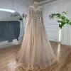 High-end Elegant Mint Green Handmade  Beading Sequins Prom Dresses 2024 A-Line / Princess High Neck Long Sleeve Sweep Train Prom Formal Dresses