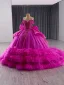 High-end Fuchsia Beading Sequins Cascading Ruffles Prom Dresses 2025 Ball Gown Off-The-Shoulder Sleeveless Backless Bow Chapel Train Prom Formal Dresses