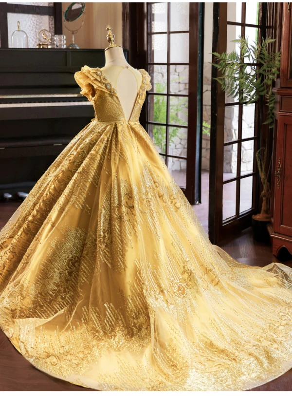 High-end Gold Beading Pearl Rhinestone Sequins Birthday Flower Girl Dresses 2023 Ball Gown Scoop Neck Sleeveless Court Train Flower Girl Dresses