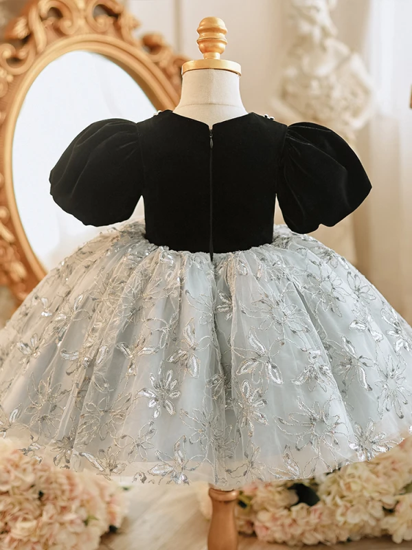 Schöne Schwarz Blumen Pailletten Geburtstag Kurze Blumenmädchenkleider 2023 Ballkleid Rundhalsausschnitt Geschwollenes Kurze Ärmel