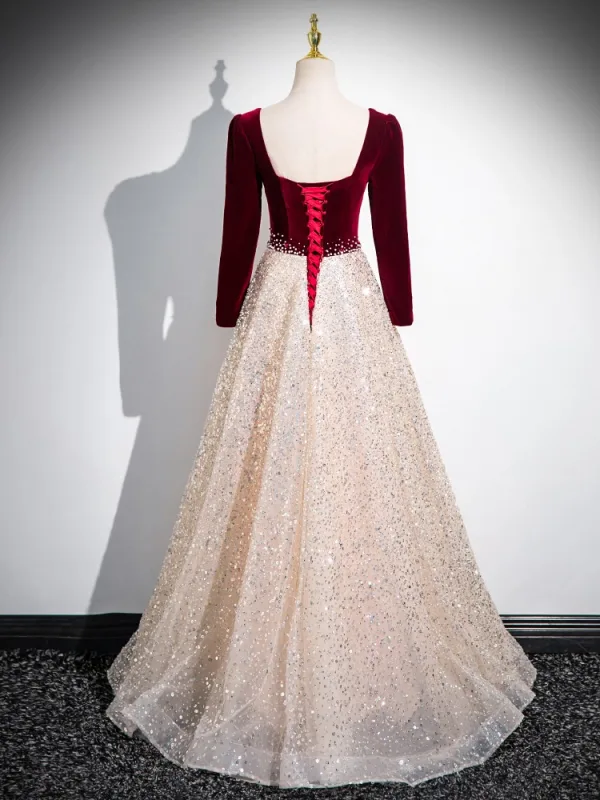 Chic / Belle Bordeaux Faux Diamant Paillettes Robe De Bal 2024 Princesse Encolure Carrée Manches Longues Longue Promo Robe De Ceremonie