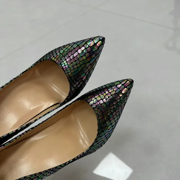 Ovanlig Mörkgrön Laser Snakeskin Trycket Afton Pumps 2025 12 cm Stilettklackar Spetsiga Högklackade