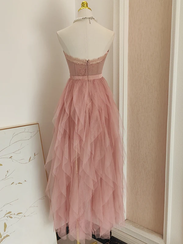 Chic / Beautiful Blushing Pink Cascading Ruffles Prom Dresses 2023 A-Line / Princess Strapless Sleeveless Backless Floor-Length / Long Prom Formal Dresses