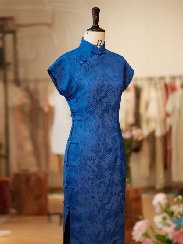 Vintage / Retro Ocean Blue Split Front Tea-length Cheongsam 2026 Trumpet / Mermaid High Neck Cap Sleeves