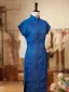 Vintage / Retro Ocean Blue Split Front Tea-length Cheongsam 2026 Trumpet / Mermaid High Neck Cap Sleeves