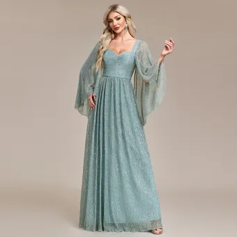 Chic Belle Vert Cendré Paillettes Robe De Bal 2024 Princesse Encolure Carrée Manches Longues Dos Nu Longue Promo Robe De Ceremonie