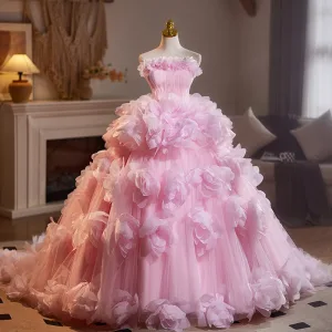 Blumenfee Pink Applikationen Fallende Rüsche Ballkleider 2025 Ballkleid Bandeau Ärmellos Sweep Pinsel Zug Tülle Ball Festliche Kleider