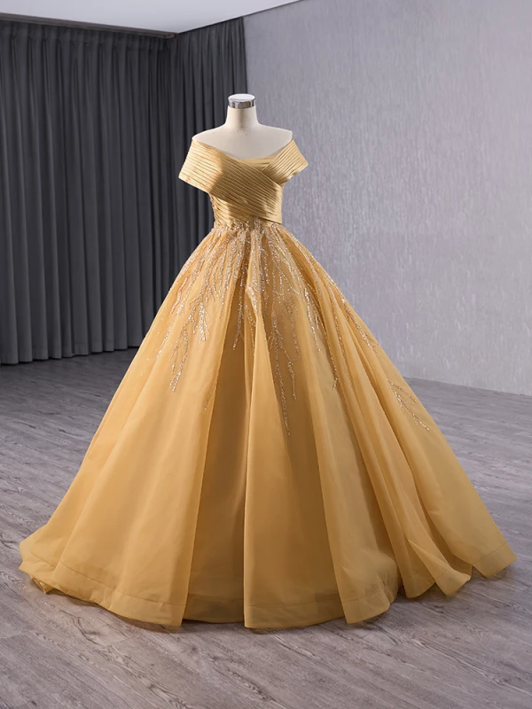 Elegant Gold Beading Sequins Prom Dresses 2024 Ball Gown Off-The-Shoulder Sleeveless Backless Sweep Train Prom Formal Dresses