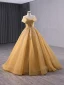 Elegant Gold Beading Sequins Prom Dresses 2024 Ball Gown Off-The-Shoulder Sleeveless Backless Sweep Train Prom Formal Dresses