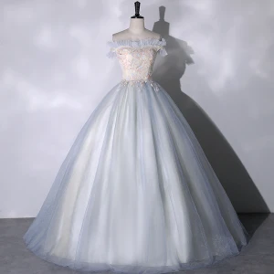 Élégant Bleu Ciel Paillettes Robe De Bal 2023 Robe Boule De L Épaule Manches Courtes Dos Nu Longue Promo Robe De Ceremonie