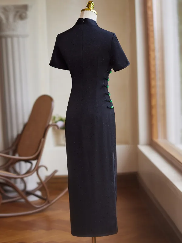 Chinese style Black Summer Tea-length Cheongsam 2024 Trumpet / Mermaid High Neck Short Sleeve