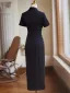 Chinese style Black Summer Tea-length Cheongsam 2024 Trumpet / Mermaid High Neck Short Sleeve