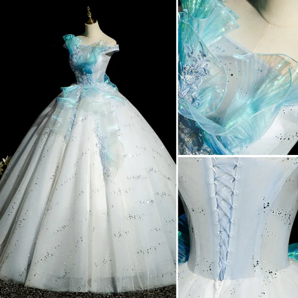 Fashion Sky Blue Beading Sequins Prom Dresses 2022 Ball Gown Ruffle Off-The-Shoulder Sleeveless Backless Floor-Length / Long Prom Formal Dresses