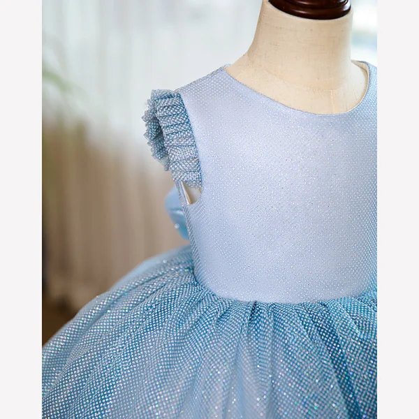 Modest / Simple Sky Blue Glitter Spotted Birthday Flower Girl Dresses 2022 Ball Gown Scoop Neck Short Sleeve Bow Short Flower Girl Dresses