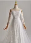 Schlicht Weiß Spitze Blumen Leichtes Brautkleider / Hochzeitskleider 2025 A Linie Off Shoulder Lange Ärmel Rückenfreies Sweep / Pinsel Zug