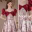 Fashion Burgundy Satin Printing Prom Dresses 2023 A-Line / Princess Square Neckline Bow Short Sleeve Backless Floor-Length / Long Prom Formal Dresses
