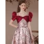 Fashion Burgundy Satin Printing Prom Dresses 2023 A-Line / Princess Square Neckline Bow Short Sleeve Backless Floor-Length / Long Prom Formal Dresses