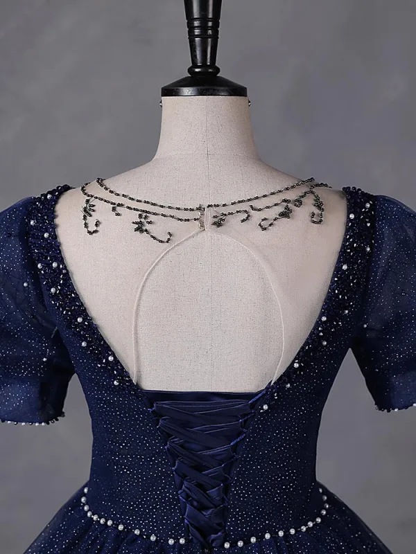 Vintage / Retro Navy Blue Beading Pearl Sequins Prom Dresses 2023 Ball Gown Square Neckline Short Sleeve Backless Floor-Length / Long Prom Formal Dresses