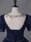 Vintage / Retro Navy Blue Beading Pearl Sequins Prom Dresses 2023 Ball Gown Square Neckline Short Sleeve Backless Floor-Length / Long Prom Formal Dresses