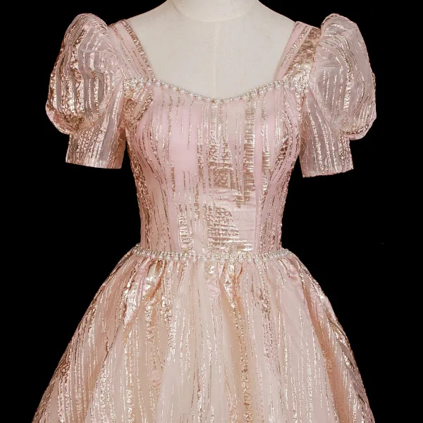 Chic / Beautiful Blushing Pink Glitter Prom Dresses 2025 Ball Gown Square Neckline Short Sleeve Backless Floor-Length / Long Formal Dresses