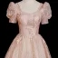 Chic / Beautiful Blushing Pink Glitter Prom Dresses 2025 Ball Gown Square Neckline Short Sleeve Backless Floor-Length / Long Formal Dresses