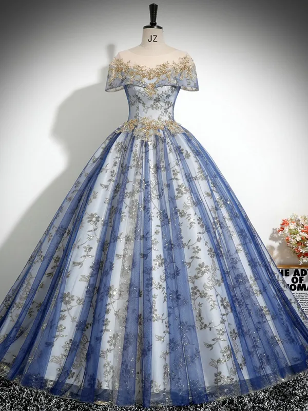 Vintage / Retro Sky Blue Beading Sequins Lace Flower Prom Dresses 2024 Ball Gown Scoop Neck Short Sleeve Backless Floor-Length / Long Prom Formal Dresses
