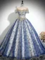 Vintage / Retro Sky Blue Beading Sequins Lace Flower Prom Dresses 2024 Ball Gown Scoop Neck Short Sleeve Backless Floor-Length / Long Prom Formal Dresses