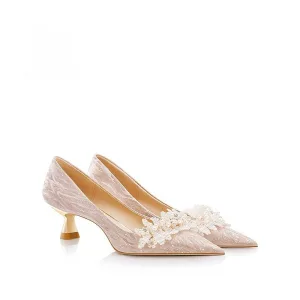 Bling Bling Gold Pearl Rhinestone Wedding Shoes 2026 5 Cm Stiletto Heels Leather Pointed Toe Wedding Pumps