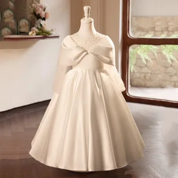 Elegant Ivory Pearl Satin Bow Birthday Flower Girl Dresses 2024 Ball Gown Scoop Neck Long Sleeve Floor Length Long Flower Girl Dresses