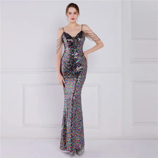 Scintillantes Blanche Laser Paillettes Robe De Soirée 2022 Trompette / Sirène Bretelles Spaghetti Sans Manches Dos Nu Perlage Longue Soirée Robe De Ceremonie