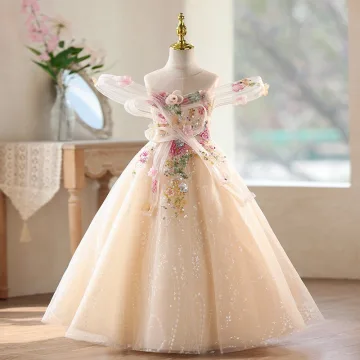 Elegant Champagne Sequins Lace Flower Birthday Flower Girl Dresses 2026 Ball Gown Scoop Neck Sleeveless Backless Floor Length Long Tulle