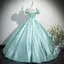Chic Vert Citron Satin Robe De Bal 2025 Robe Boule Encolure Carrée Manches Courtes Dos Nu Noeud Longue Promo Robe De Ceremonie