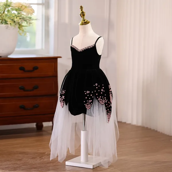 Chic / Beautiful Black Pearl Asymmetrical Flower Girl Dresses 2025 Birthday A-Line / Princess Spaghetti Straps Sleeveless Backless