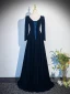 Vintage / Retro Black Winter Pearl Velvet Prom Dresses 2024 A-Line / Princess Square Neckline Long Sleeve Backless Floor-Length / Long