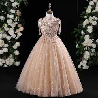 Bling Bling Champagne Beading Paljetter Bursdag Blomsterpikekjoler 2024 Prinsesse Høy Hals Uten Ermer Lange