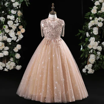 Bling Bling Champagne Perlage Paillettes Anniversaire Robe Ceremonie Fille 2024 Princesse Col Haut Sans Manches Longue