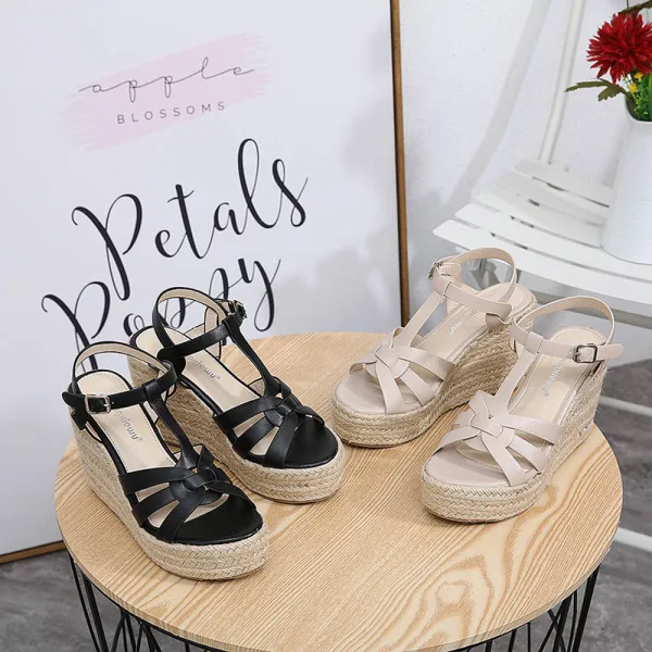 Romain Été Noire Tresser Sandales Femme 2022 Vêtement de rue T-Strap 10 cm Compensées Peep Toes / Bout Ouvert Sandales