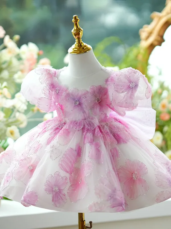Chic / Beautiful Blushing Pink Appliques Beading Short Birthday Flower Girl Dresses 2024 Ball Gown Scoop Neck Puffy Short Sleeve Backless Tulle