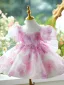 Chic / Beautiful Blushing Pink Appliques Beading Short Birthday Flower Girl Dresses 2024 Ball Gown Scoop Neck Puffy Short Sleeve Backless Tulle