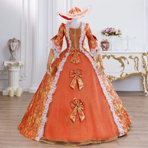 Vintage / Retro Medieval Gold Printing Bow Lace Flower Prom Dresses 2025 Ball Gown Square Neckline Bell sleeves Floor-Length / Long Formal Dresses