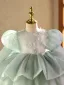 Chic / Belle Vert Cendré Perlage Appliques Paillettes Courte Volants en Cascade Anniversaire Hiver Robe Ceremonie Fille 2025 Robe Boule Encolure Dégagée Gonflée Manches Longues
