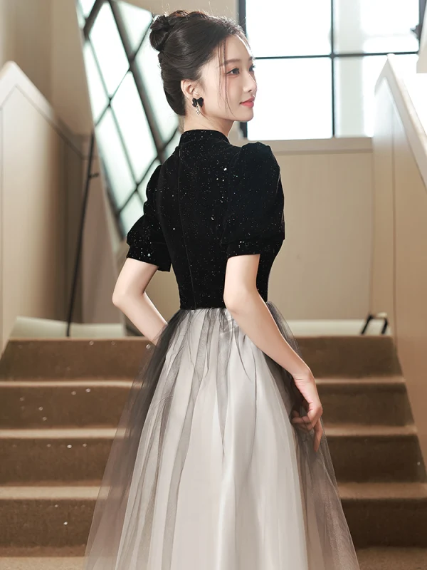 Style Chinois Noire Faux Diamant Paillettes Robe De Bal 2023 Princesse Col Haut Manches Courtes Longue Robe De Ceremonie