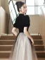 Style Chinois Noire Faux Diamant Paillettes Robe De Bal 2023 Princesse Col Haut Manches Courtes Longue Robe De Ceremonie