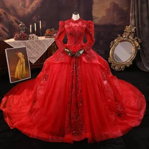 Vintage Retro Red Beading Sequins Wedding Dresses 2025 Ball Gown High Neck Long Sleeve Backless Royal Train Wedding