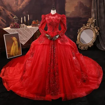 Vintage Originale Rouge Perlage Paillettes Robe De Mariée 2025 Robe Boule Col Haut Manches Longues Dos Nu Royal Train Mariage