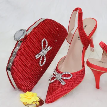 Sparkly Red Rhinestone Bow Evening Party Womens Sandals Clutch Bags 2023 8 Cm Stiletto Heels Pointed Toe Sandals High Heels Clutch Bags