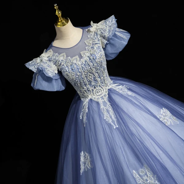 Elegant Sky Blue Beading Lace Flower Prom Dresses 2023 Ball Gown Scoop Neck Puffy Short Sleeve Backless Floor-Length / Long Prom Formal Dresses