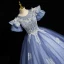 Elegant Sky Blue Beading Lace Flower Prom Dresses 2023 Ball Gown Scoop Neck Puffy Short Sleeve Backless Floor-Length / Long Prom Formal Dresses