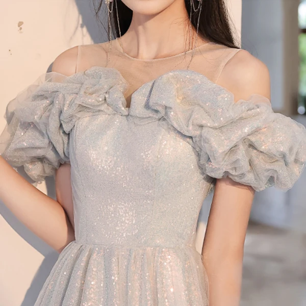 Sparkly Grey Glitter Sequins Prom Dresses 2023 A-Line / Princess Scoop Neck Ruffle Short Sleeve Backless Floor-Length / Long Prom Formal Dresses